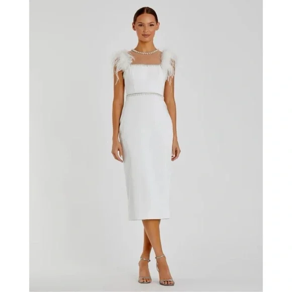 NWOT MAC DUGGAL FEATHER CAP SLEEVE PEARL EMBELLISHED T-LENGTH FIT DRESS sz 6 - Picture 7 of 11